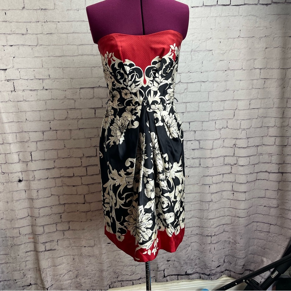 White House Black Market Strapless Red, Black & White Floral Cocktail Dress